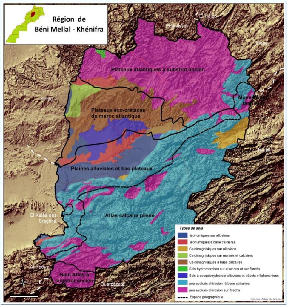 Carte des types de sols de Béni Mellal-Khénifra.