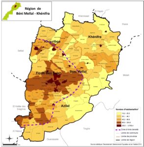 Carte de la densité de population par commune à Béni Mellal-Khénifra.