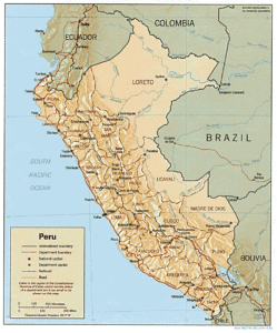 Carte en relief du Pérou.