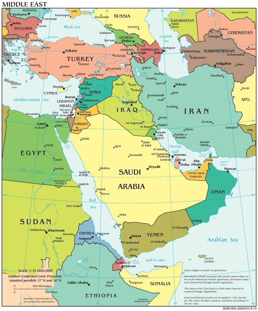 Carte des pays du Moyen-Orient.