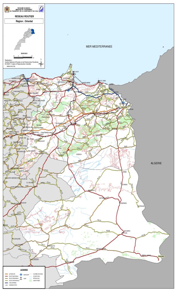 Carte de la région de l'Oriental, Maroc.