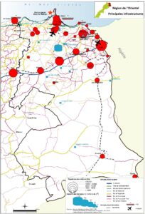 Carte des principales infrastructures de base de la région de l'Oriental, Maroc.