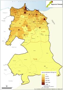 Carte de densité communale de la population dans la région de l'Oriental en 2014.
