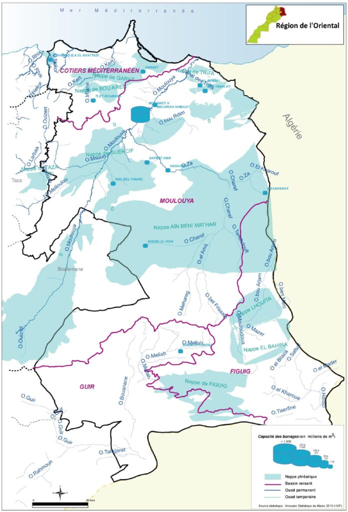 Carte des ressources en eau de la région de l’Oriental, Maroc.