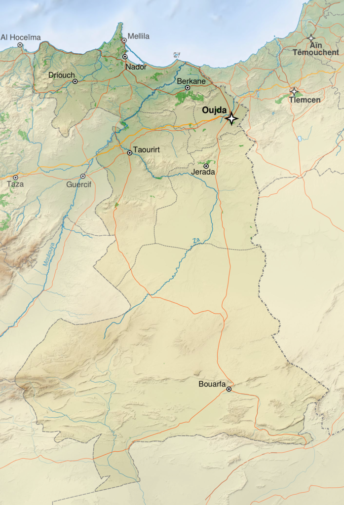 Carte physique de la région de l'Oriental, Maroc.
