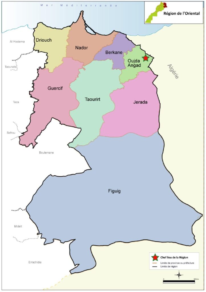Carte des provinces et préfecture de la région de l’Oriental, Maroc.