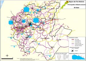 Carte des principales infrastructures de base de Fès-Meknès.