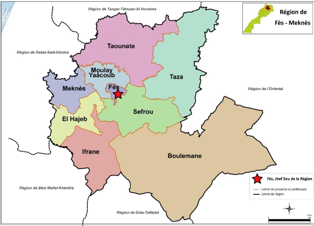 Carte des provinces et préfectures de Fès-Meknès.