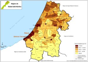 Carte de densité communale de la population dans Rabat-Salé-Kénitra en 2014.