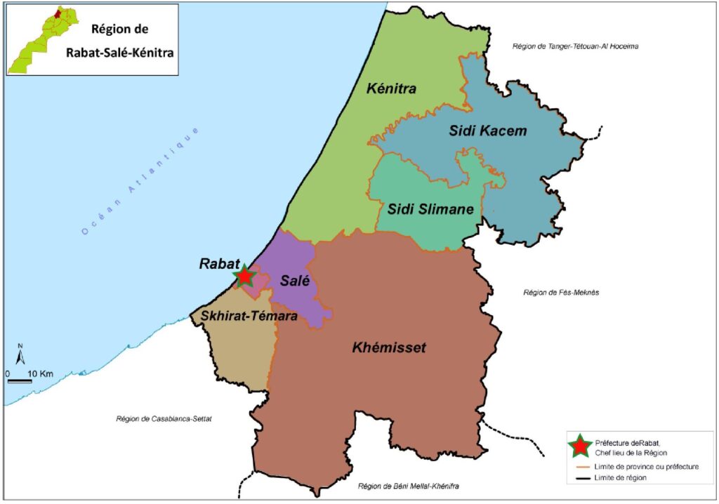 Carte des provinces et préfectures de Rabat-Salé-Kénitra.
