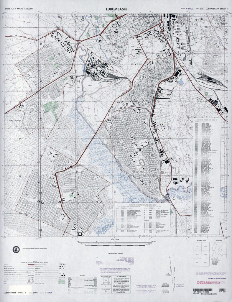 Carte de Lubumbashi, Feuille 1 1:10 000, Edition 4-DMA, Série Z901. Agence cartographique du département de la Défense des États-Unis, 1978.