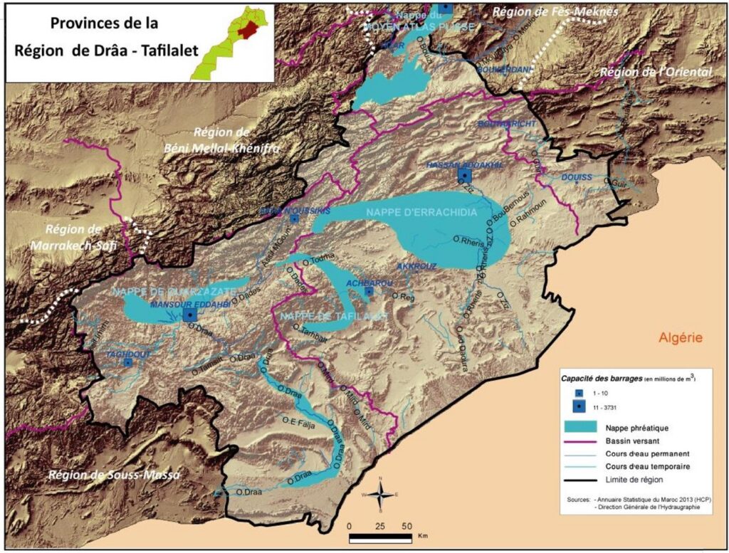 Carte des ressources en eau de Drâa-Tafilalet.