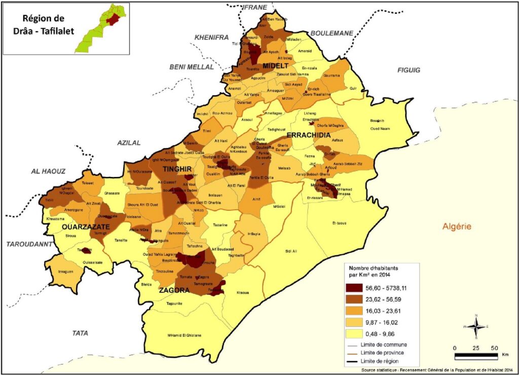 Carte de densité communale de la population dans Drâa-Tafilalet en 2014.