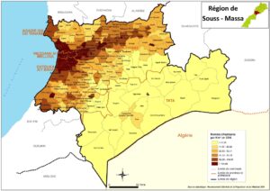 Carte de densité communale de la population dans Souss-Massa en 2014.