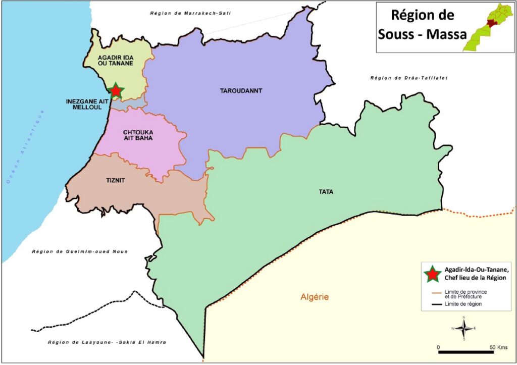 Carte des provinces et préfectures de Souss-Massa.
