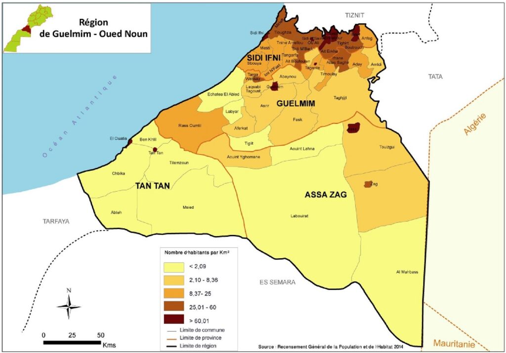 Carte de densité communale de la population dans Guelmim-Oued Noun en 2014.