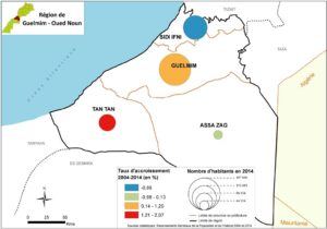 Carte du taux d'accroissement de la population des Provinces de Guelmim-Oued Noun entre 2004 et 2014.