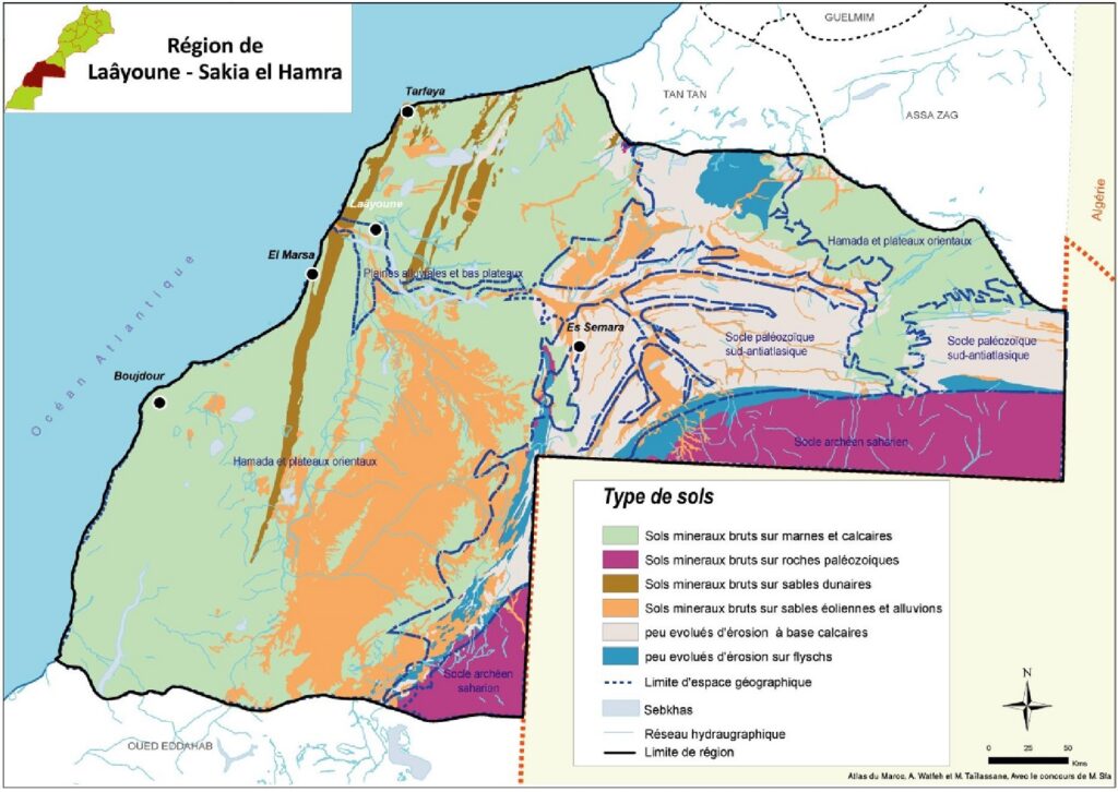 Carte des types de sols de Laâyoune-Sakia El Hamra.