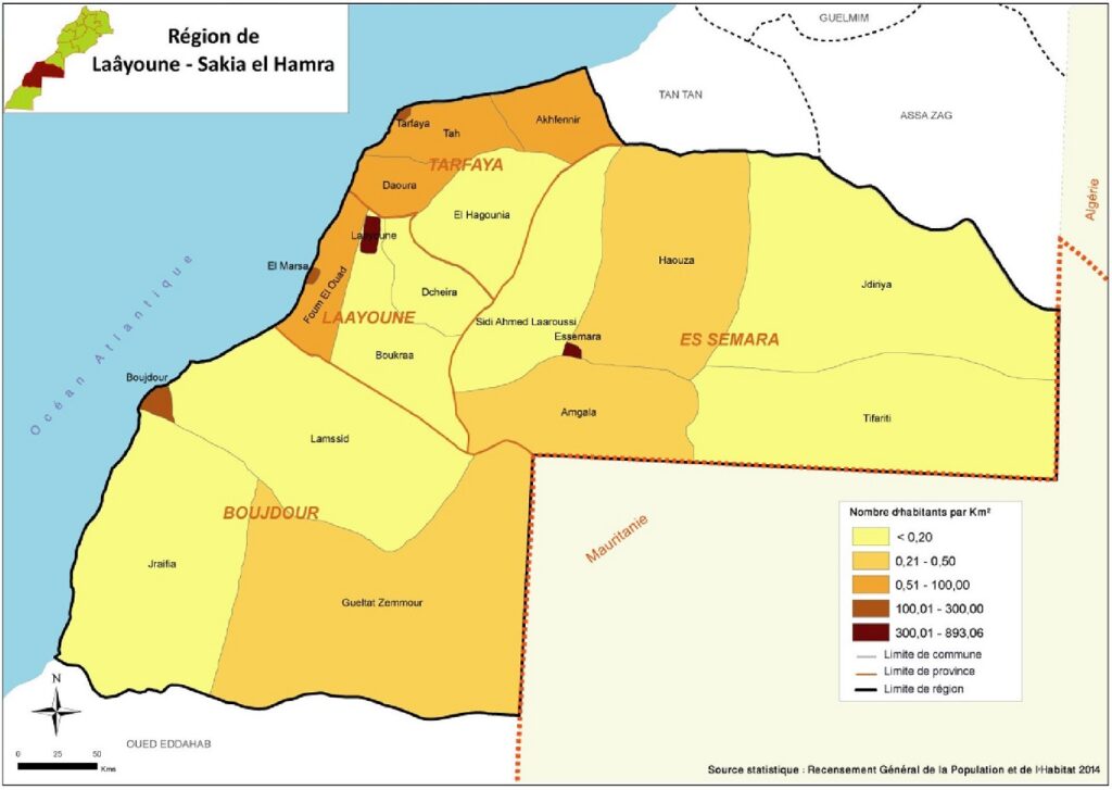 Carte de densité communale de la population dans Laâyoune-Sakia El Hamra en 2014.