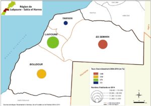 Carte du taux d'accroissement de la population des Provinces de Laâyoune-Sakia el Hamra entre 2004 et 2014.