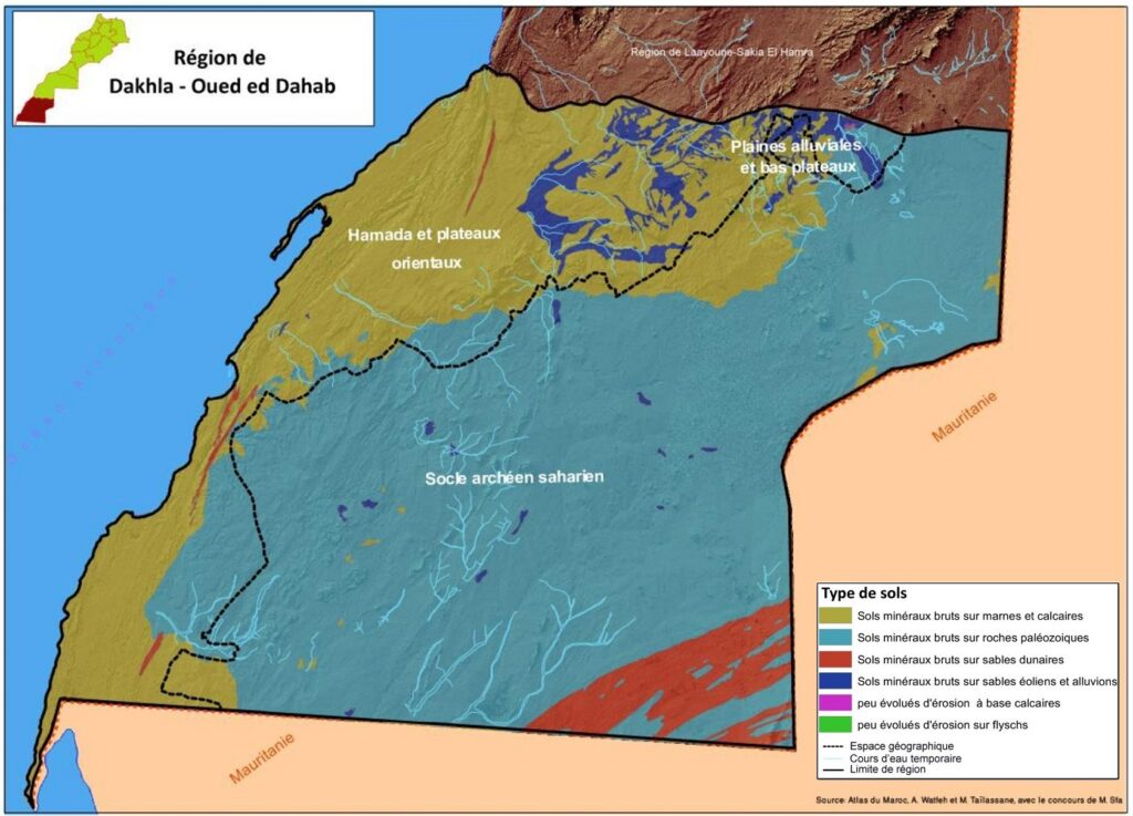 Carte des types de sols de Dakhla-Oued Ed-Dahab.