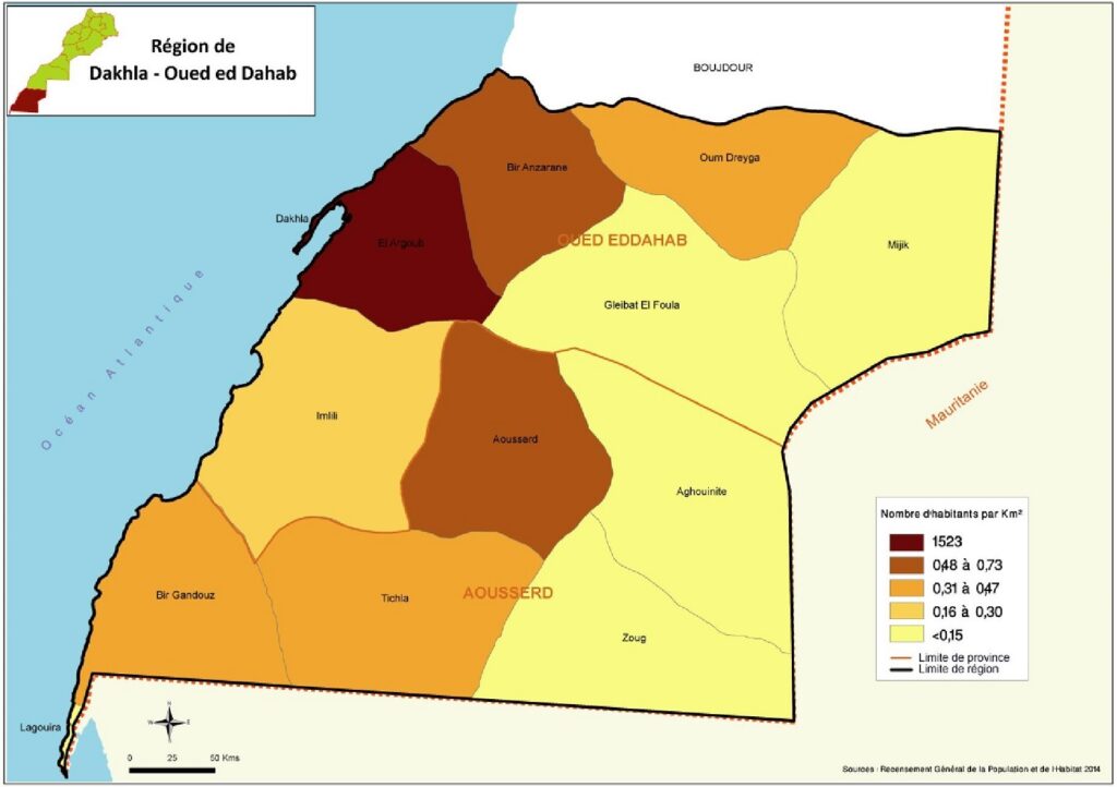 Carte de densité communale de la population dans Dakhla-Oued Ed-Dahab en 2014.