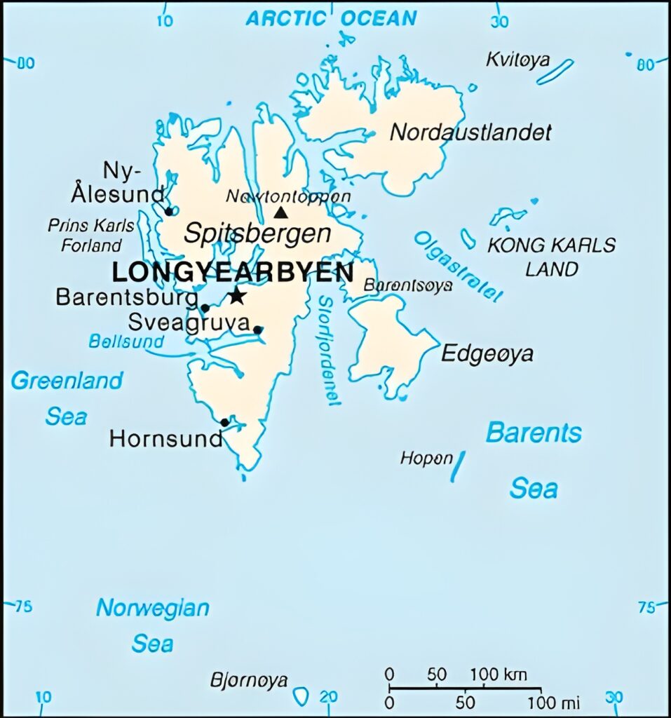 Carte des principaux villages, hameaux du Svalbard