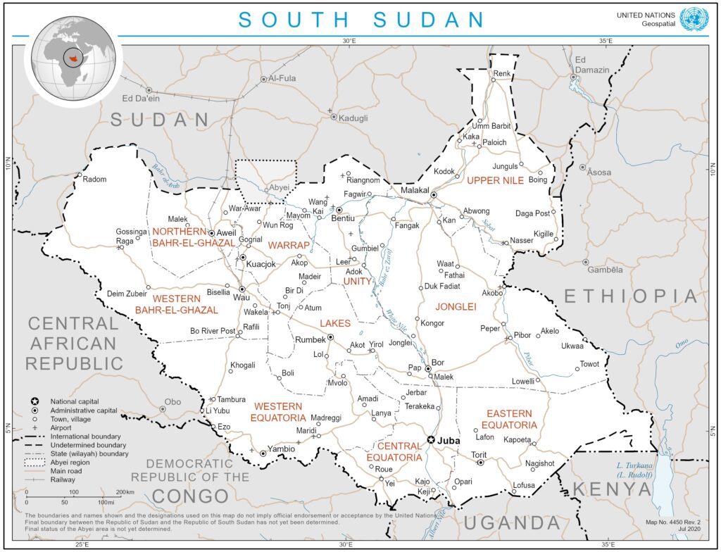 Carte des principales villes du Soudan du Sud.