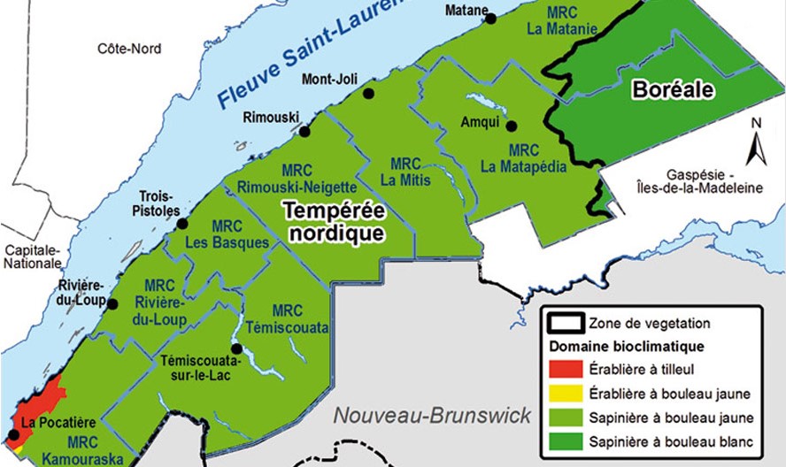 Carte des domaines bioclimatiques du Bas-Saint-Laurent.
