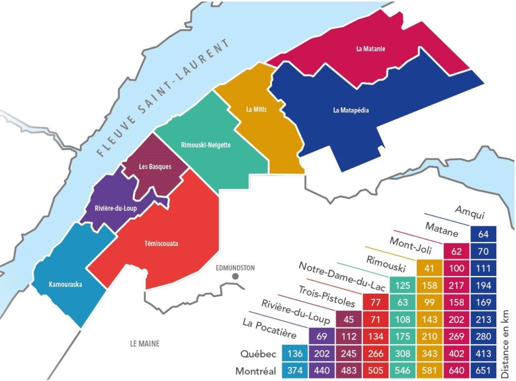 Carte des municipalités régionales de comté (MRC) du Bas-Saint-Laurent.