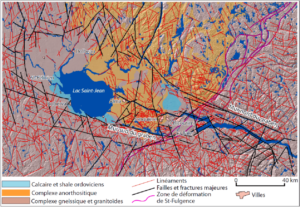Carte géologique sommaire du socle rocheux de la région du Saguenay-Lac-Saint-Jean.