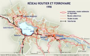Carte du réseau routier et ferroviaire du Saguenay–Lac-Saint-Jean.