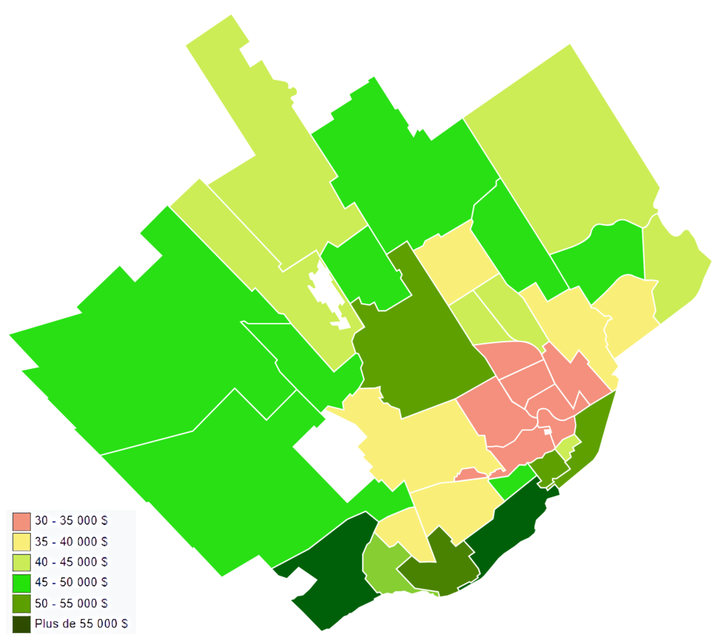 Carte montrant le revenu moyen brut des résidents à Québec.