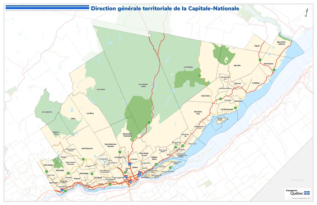 Carte routière de la région de la Capitale-Nationale.