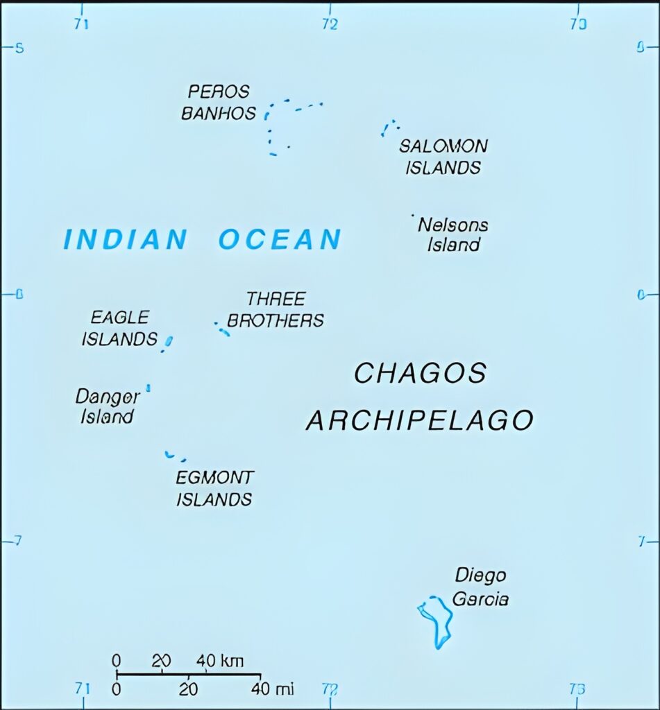Carte du territoire britannique de l'océan Indien montrant les groupes d'îles et l'île de Diego Garcia