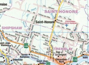 Carte routière des environs de Saint-Honoré, chef-lieu de la municipalité régionale de comté du Fjord-du-Saguenay.