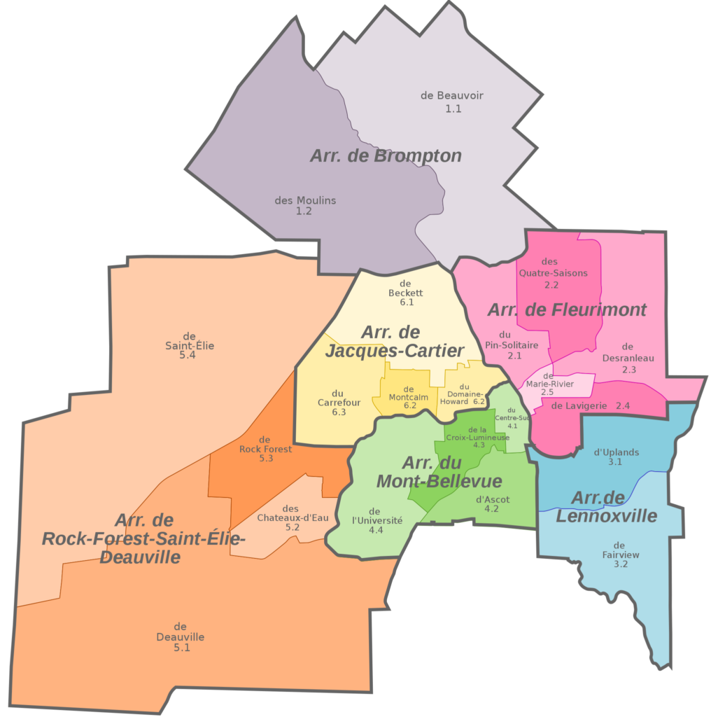 Carte des arrondissements de la ville de Sherbrooke.