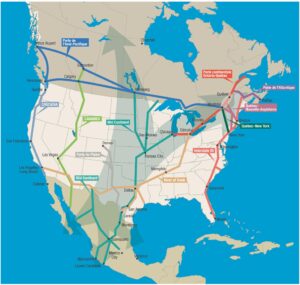 Carte des principaux corridors de commerce en Amérique du Nord et zone NASCO84.