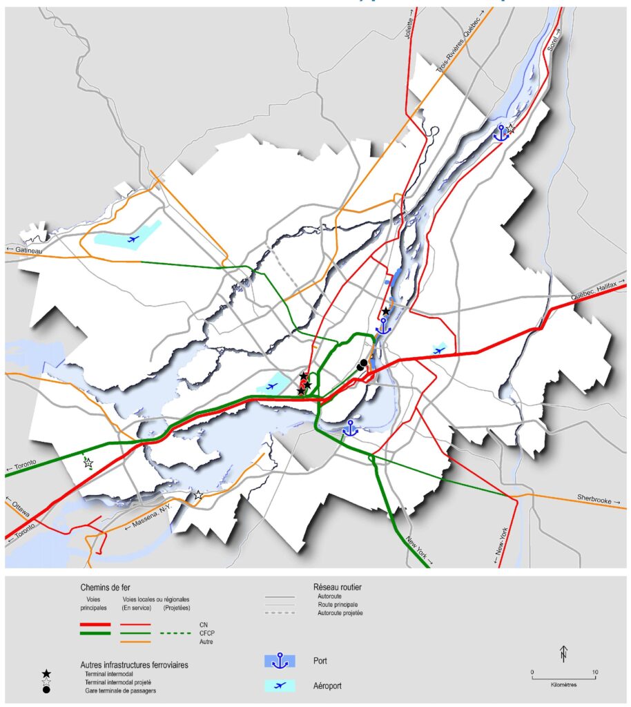 Carte des chemins de fer, ports et aéroports de Montréal.