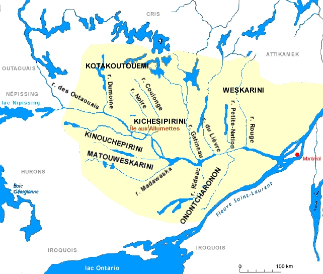 Carte des tribus algonquines occupant l'Outaouais avant l'arrivée des Européens.