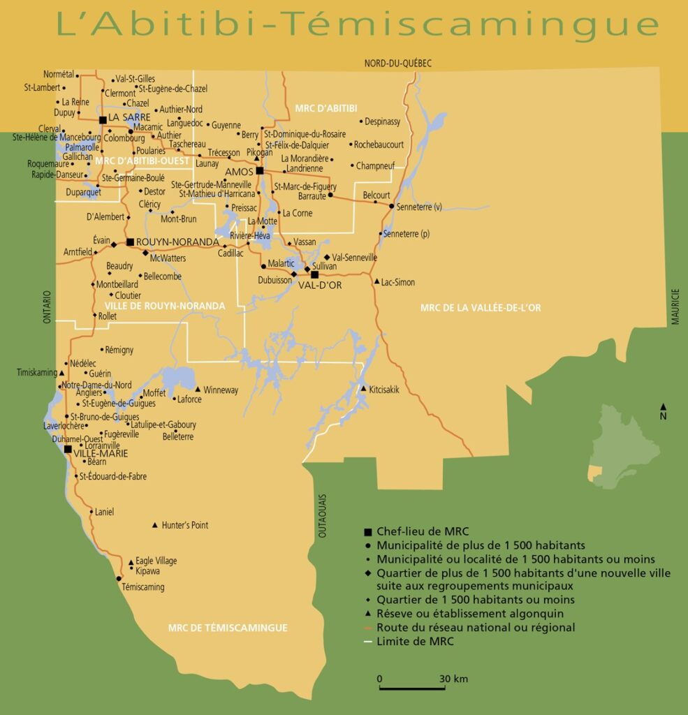 Carte des villes et villages de l'Abitibi-Témiscamingue.