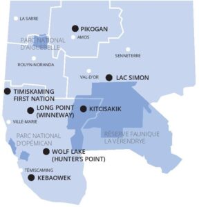 Carte des communautés Anicinabeks (Algonquins) en Abitibi-Témiscamingue.