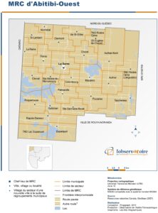 Carte des municipalités de la municipalité régionale de comté (MRC) d'Abitibi-Ouest.