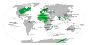 Carte de tout l'Empire Français, en vert foncé, le 1er Empire colonial, en vert clair, le 2ème Empire colonial.