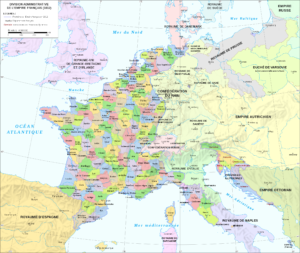 Carte des 130 départements de l'Empire français à son apogée en 1812.