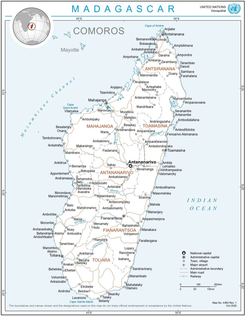 Carte des principales villes de Madagascar.
