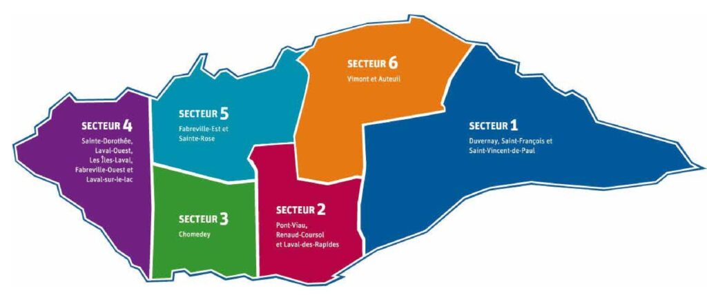 Carte des quartiers et secteurs de la ville de Laval.