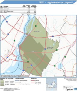 Carte du territoire et limites de l'agglomération de Longueuil.