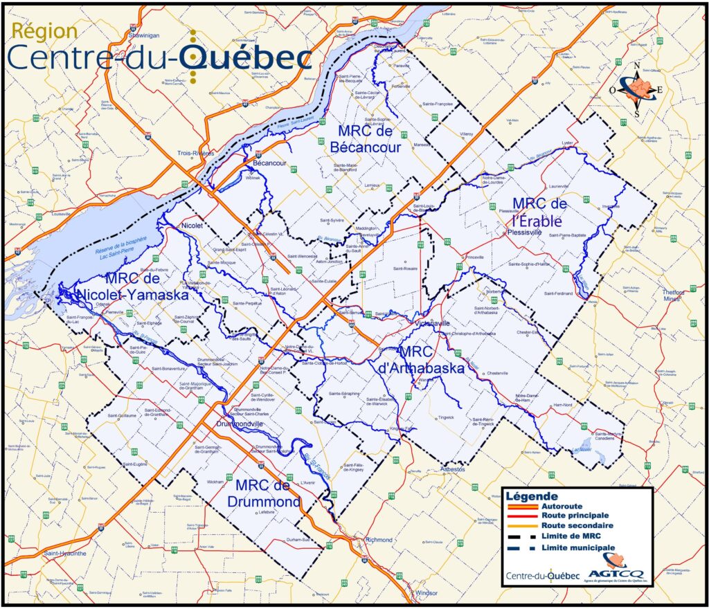 Carte des villes du Centre-du-Québec.