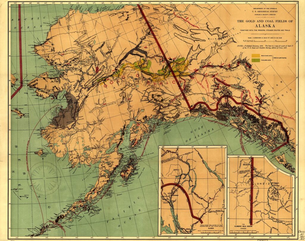 Carte de l'Alaska de 1897, montrant les gisements d'or